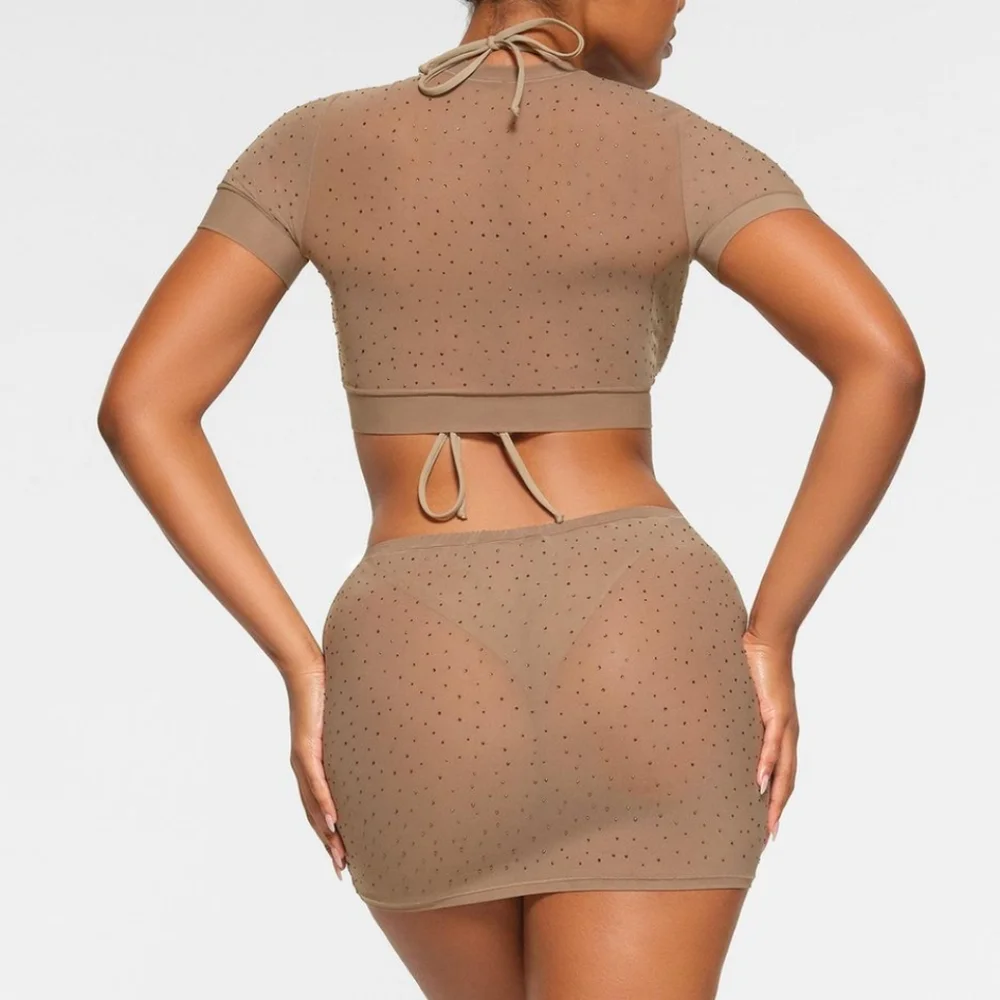NWT SKIMS MESH RHINESTONE COVER UP T-SHIRT IN DESERT